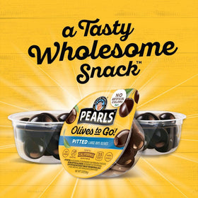 PEARLS Olives To Go! Non-GMO, gluten-free and vegan olives for mindful snacking.