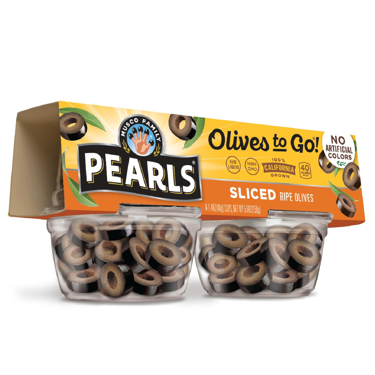 Pearls Olives To Go sliced-ripe olives cup open for quick, ready-to-enjoy snack.