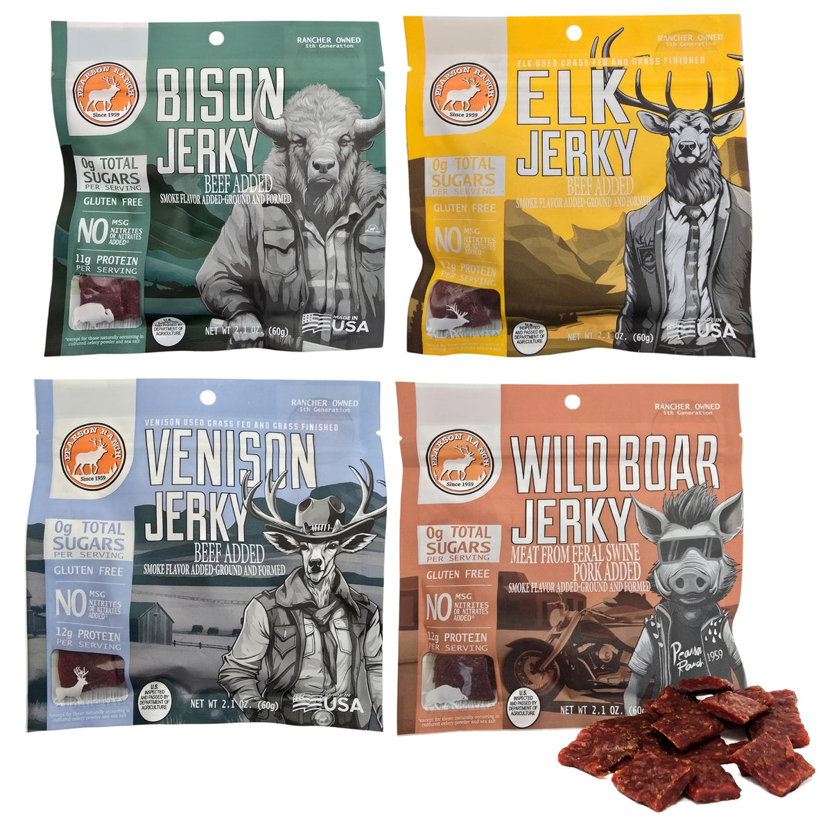 Pearson Ranch venison jerky 2-1oz bag shows on-the-go protein snack.