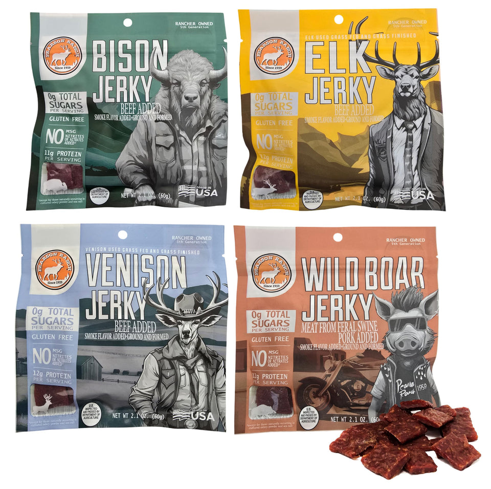 Pearson Ranch venison jerky 2-1oz bag shows on-the-go protein snack.