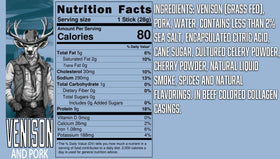 Pearson Ranch venison stick close-up highlights zero sugar and robust flavor.
