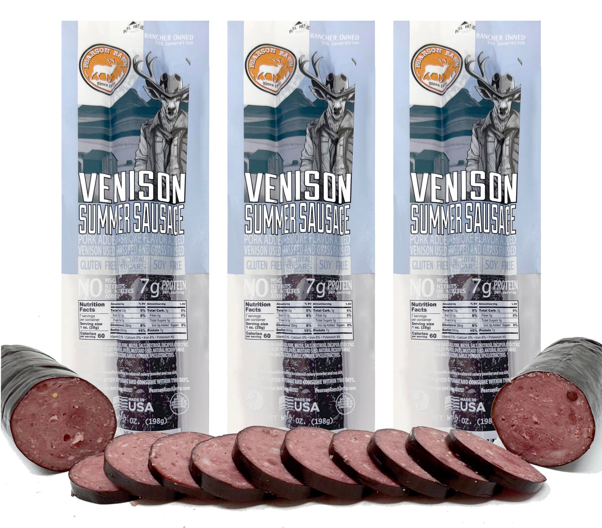 Pearson Ranch Venison Summer Sausage pack shown for gatherings and sharing.