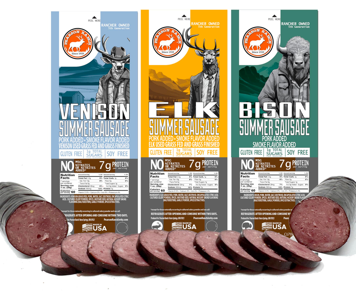 Pearson Ranch elk sausage 7oz on a cheese board for an elevated charcuterie experience