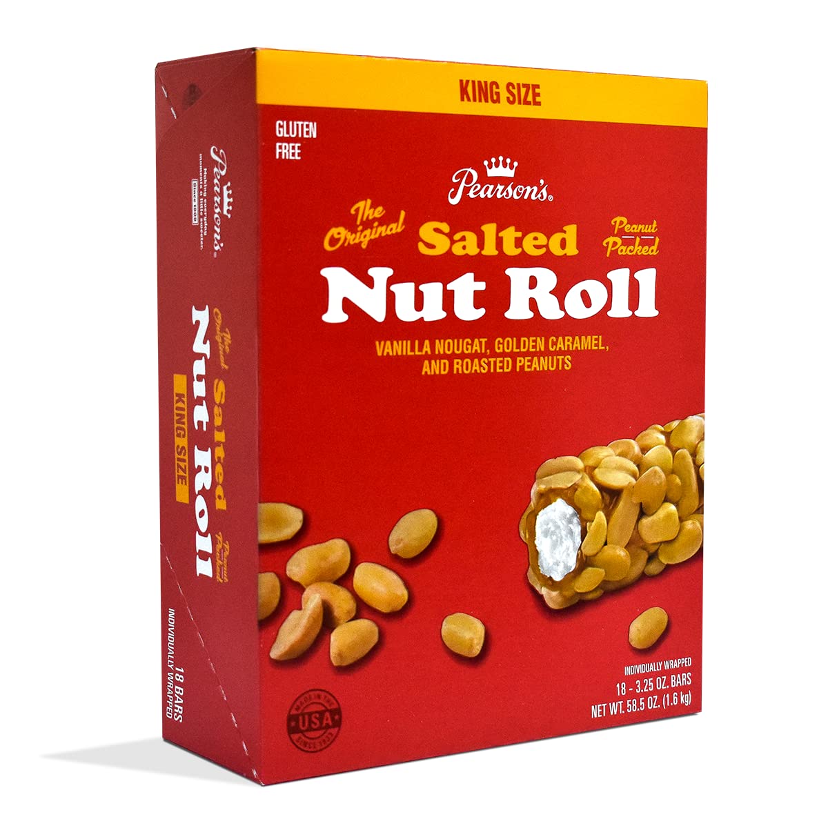 Pearson's King Original Salted Nut Roll bulk box with 18 king-size bars, ideal for sharing.