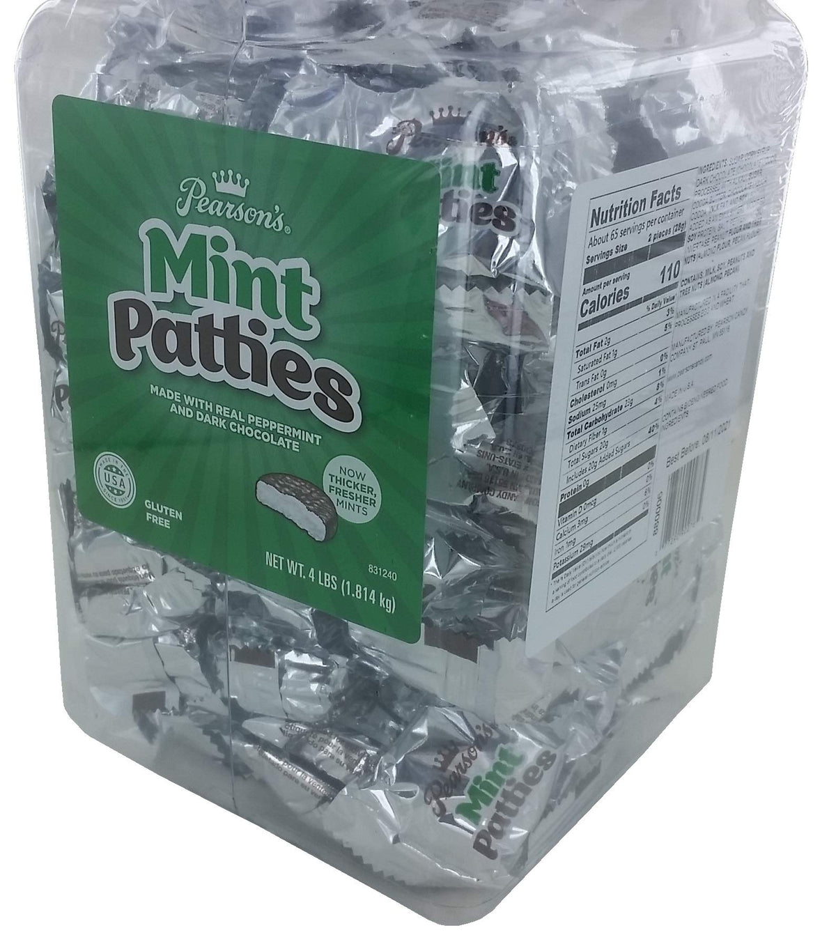 Pearson's Mint Patties jar open, individually wrapped mints for on-the-go snacking.