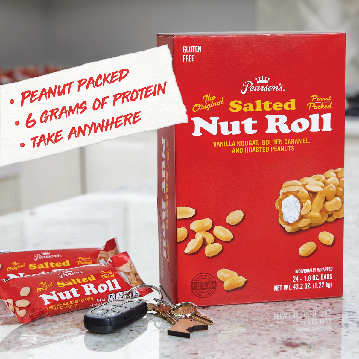 Pearson's Original Salted Nut Roll bars closeup reveals peanuts and caramel.