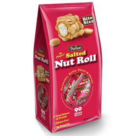 Pearson's Salted Nut Roll bag shows 90 bites in a 45 oz container for on-the-go snacking.