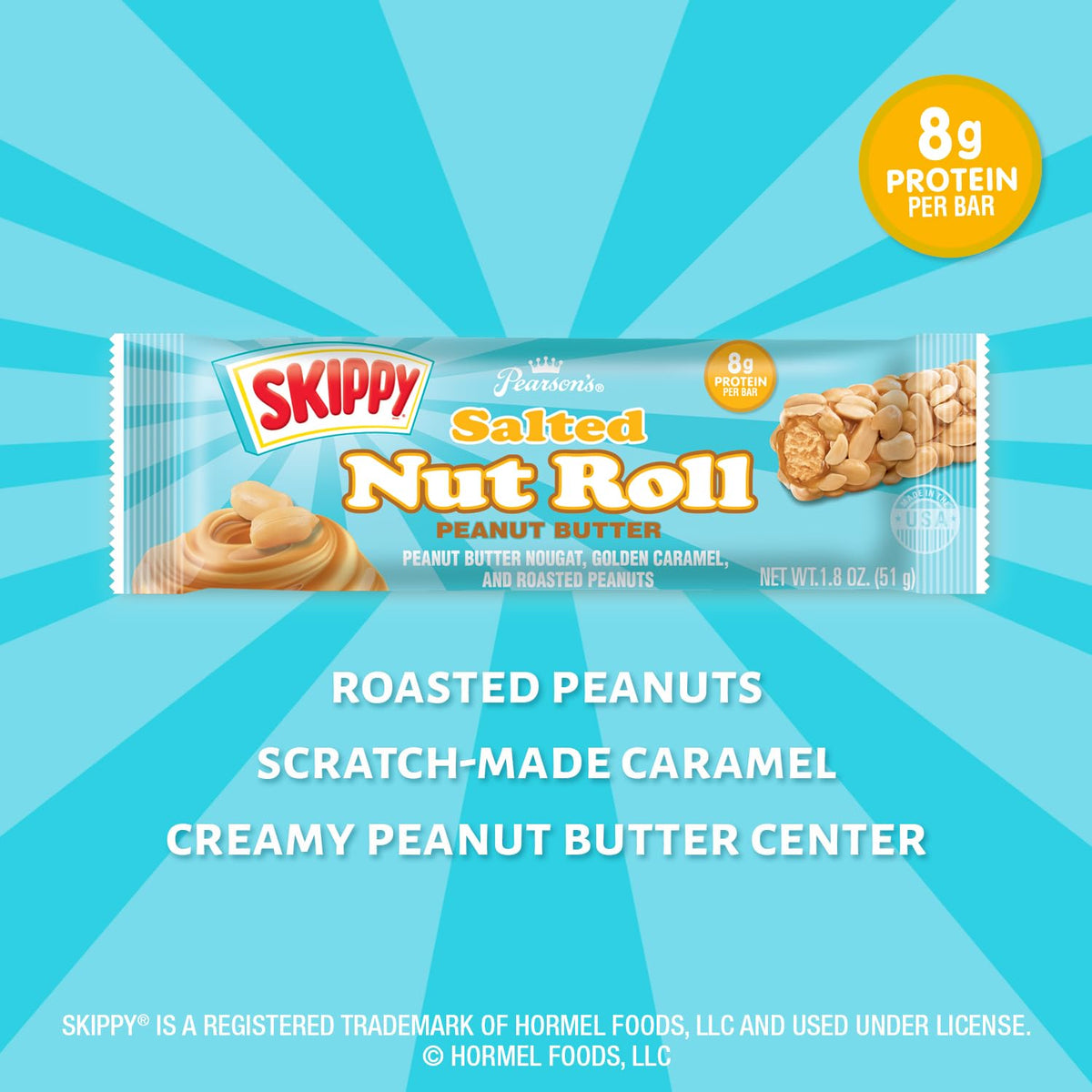 Pearson's SKIPPY Salted Nut Roll creamy peanut butter center adds smooth creaminess.