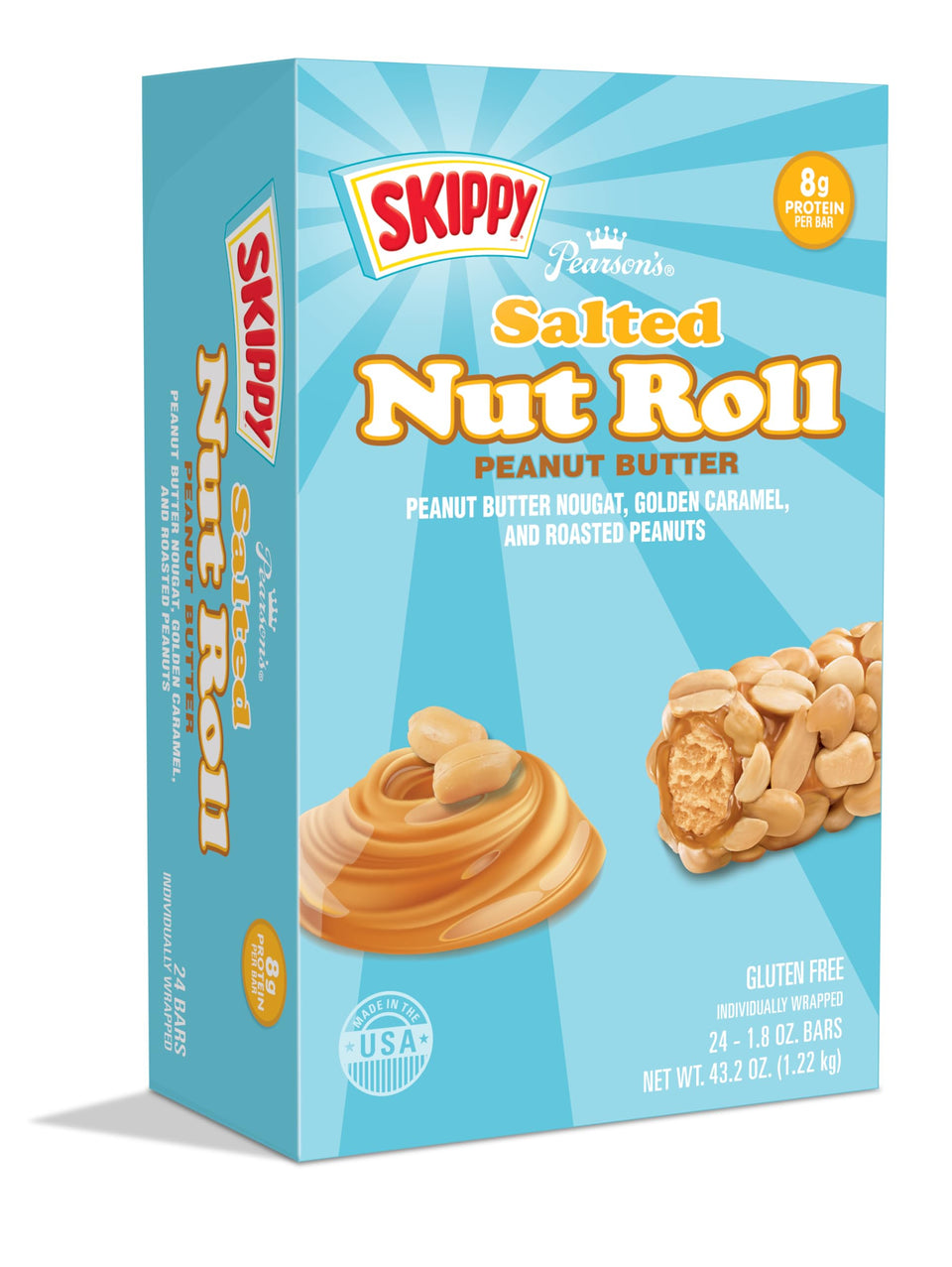 Pearson's SKIPPY Salted Nut Roll with crunchy roasted peanuts for a satisfying snack.