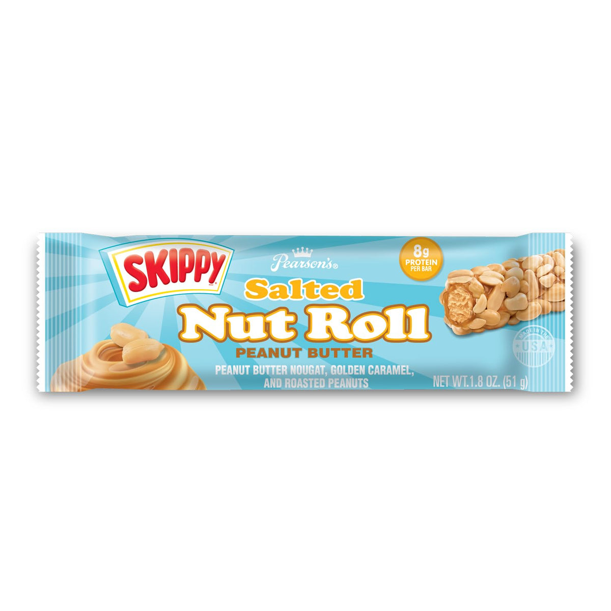 Pearson's SKIPPY Salted Nut Roll with golden caramel swirl offering a rich treat.