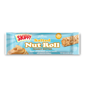 Pearson's SKIPPY Salted Nut Roll with golden caramel swirl offering a rich treat.