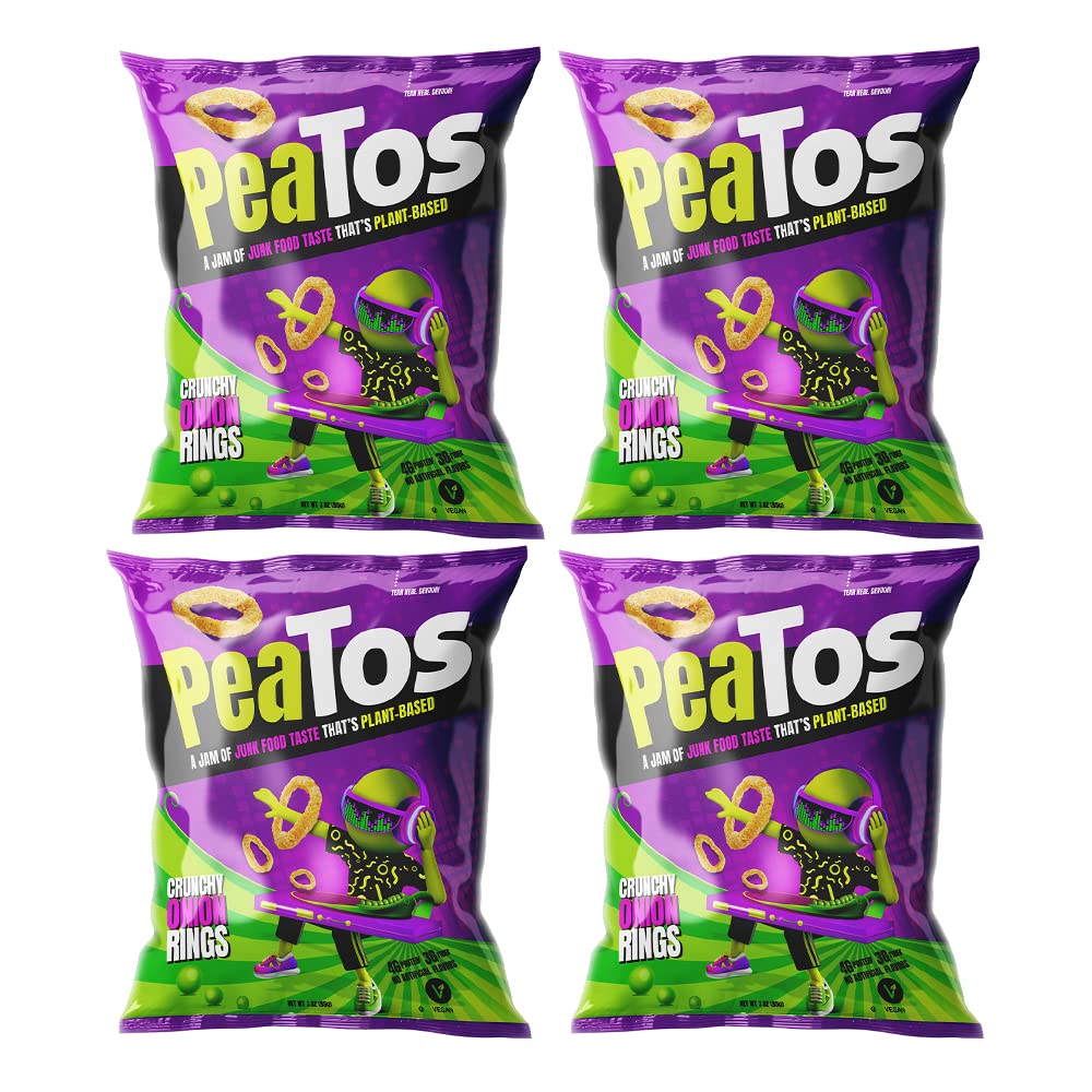 PeaTos Classic Onion Rings bag shows plant-based crunch.