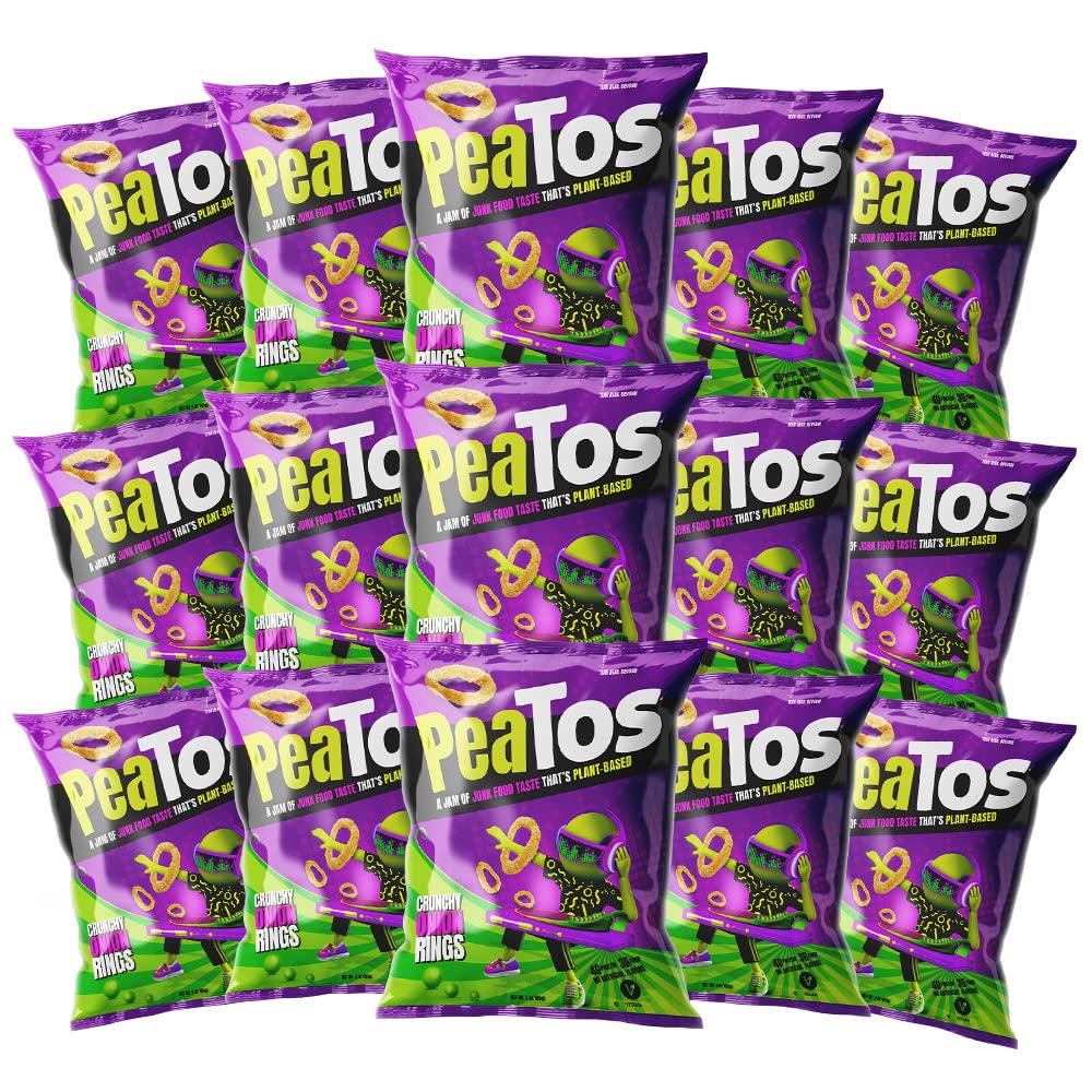 PeaTos Crunchy Onion Rings in a 0.6 oz bag for on-the-go snacking.