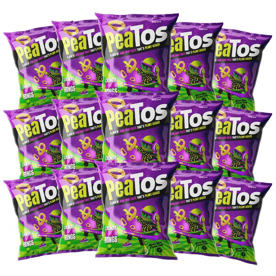 PeaTos Crunchy Onion Rings in a 0.6 oz bag for on-the-go snacking.