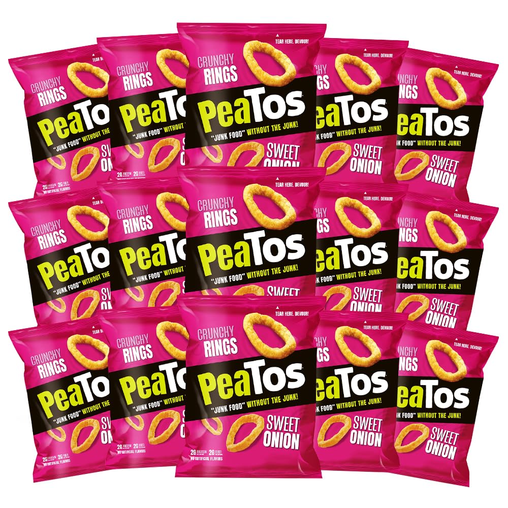 PeaTos Crunchy Rings Sweet Onion packaging highlighting vegan and gluten-free status