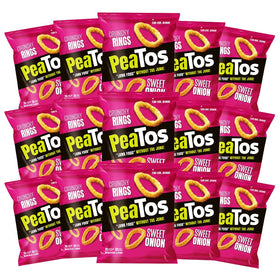 PeaTos Crunchy Rings Sweet Onion packaging highlighting vegan and gluten-free status