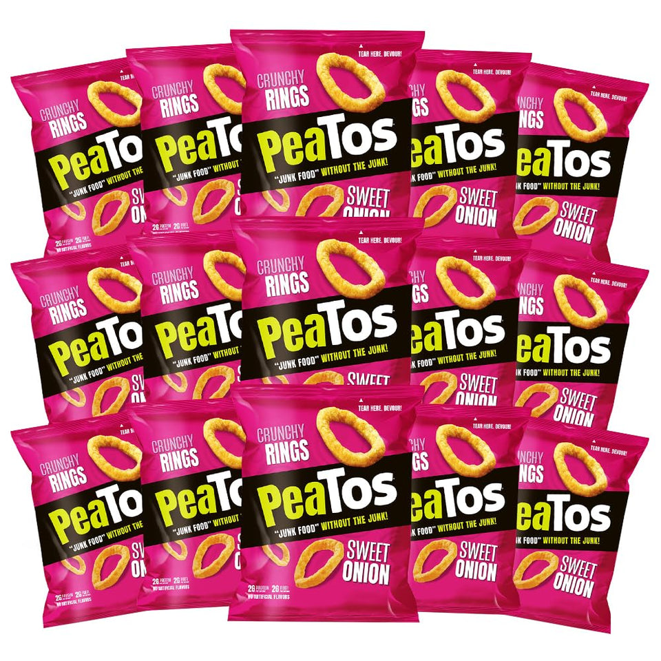 PeaTos Crunchy Rings Sweet Onion packaging highlighting vegan and gluten-free status