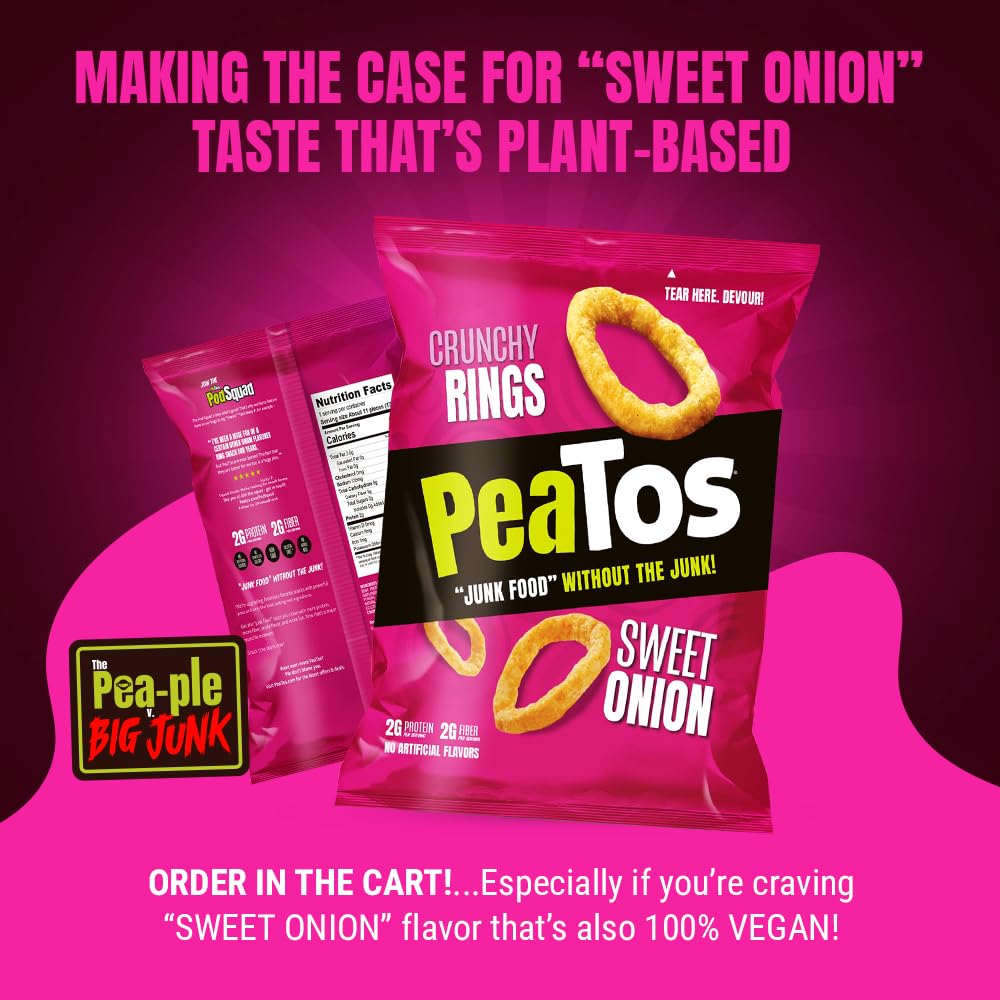 PeaTos Crunchy Rings Sweet Onion product shot with ready-to-share packs