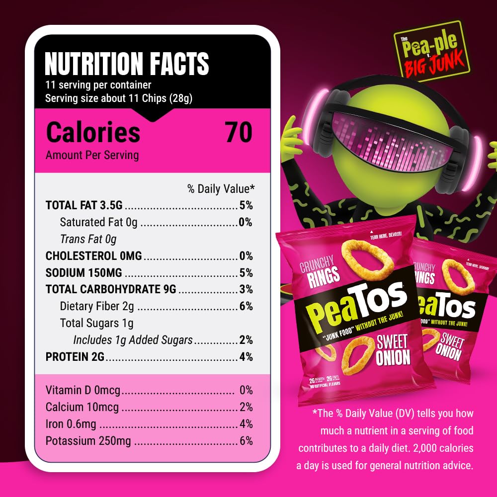PeaTos Crunchy Rings Sweet Onion snack pack shows convenient 0.6 oz portions