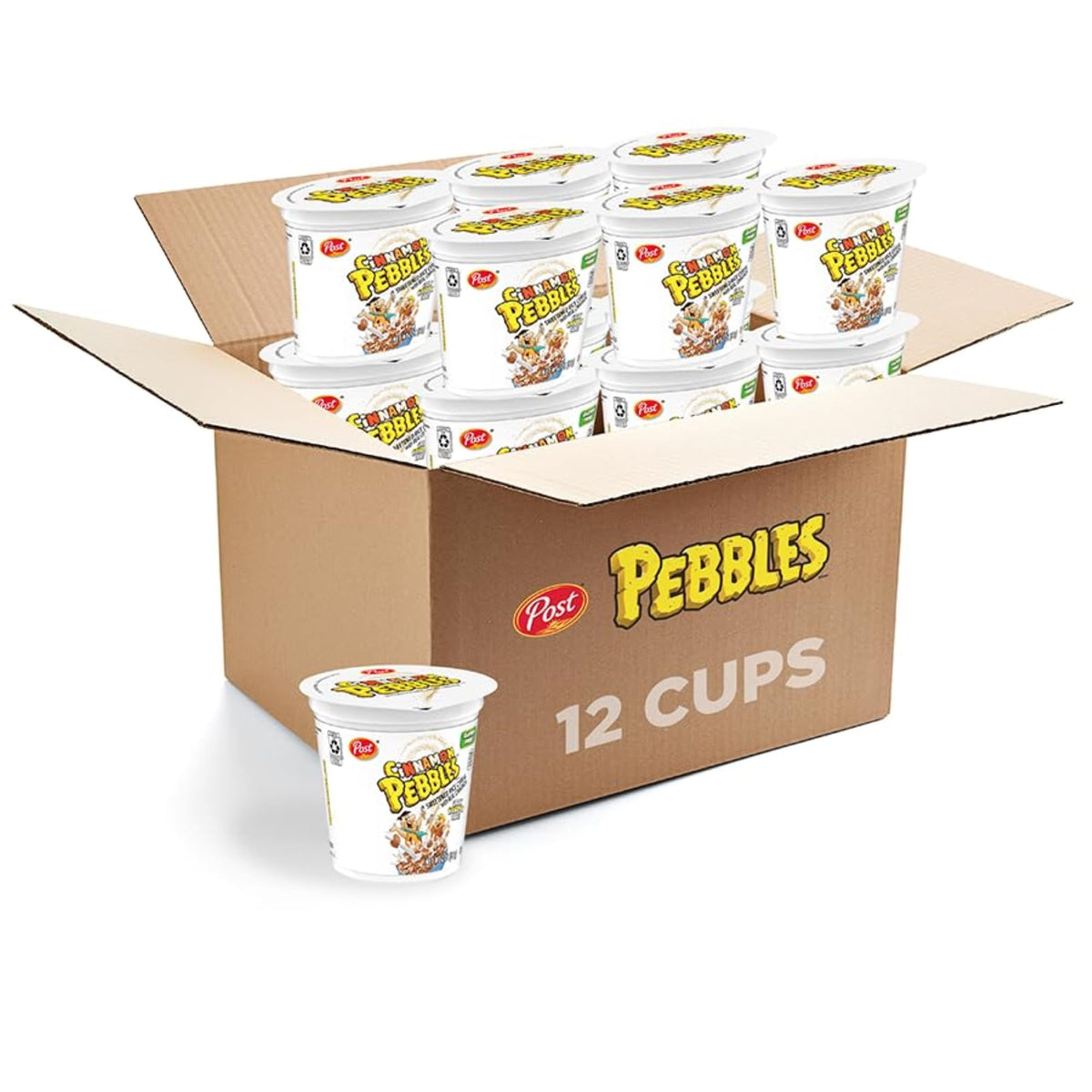 Pebbles Cinnamon cereal cup 12-pack front, gluten-free breakfast on the go