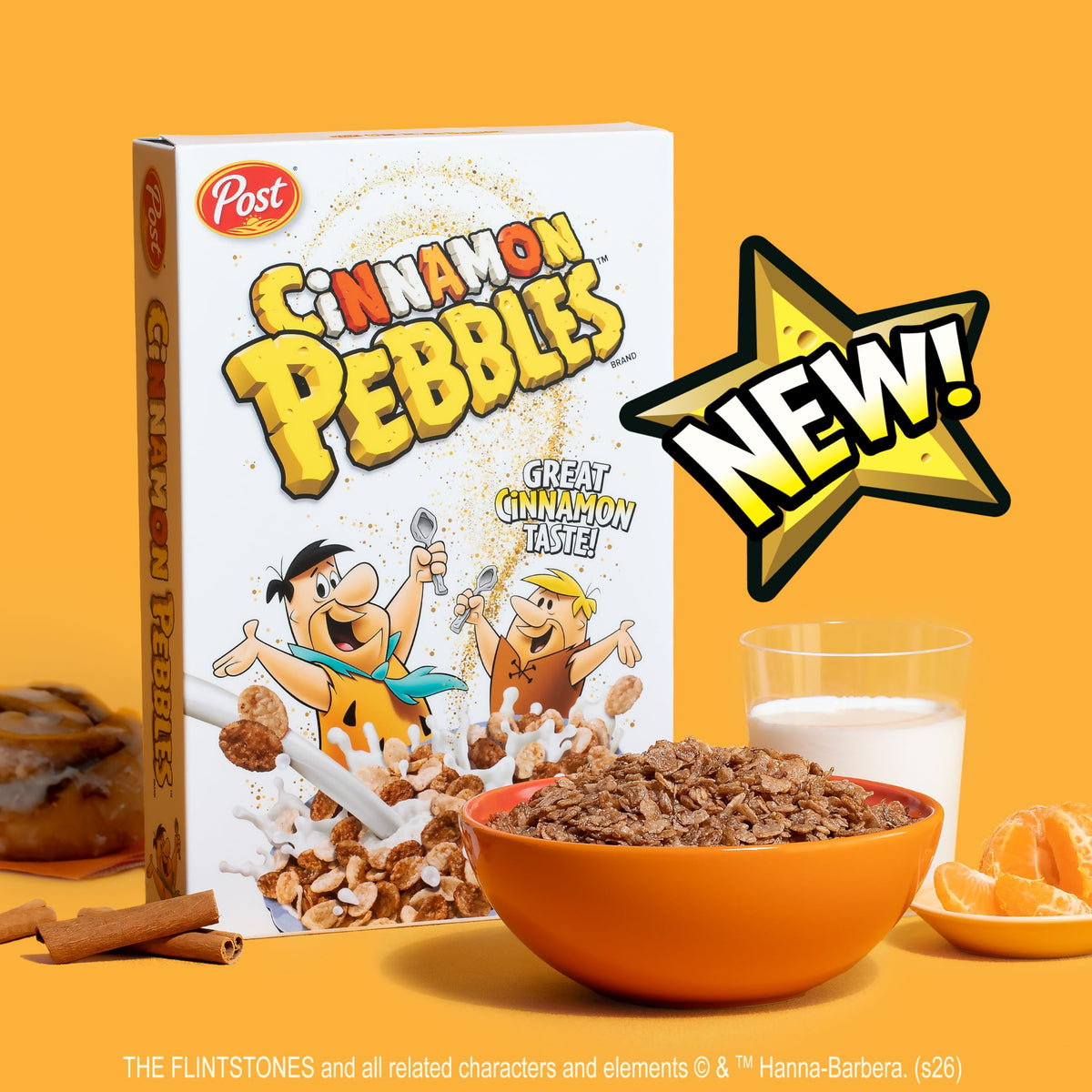 Pebbles Cinnamon cereal cup close cinnamon vanilla, inviting aroma for a quick snack