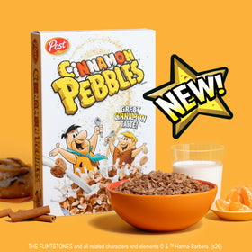 Pebbles Cinnamon cereal cup close cinnamon vanilla, inviting aroma for a quick snack
