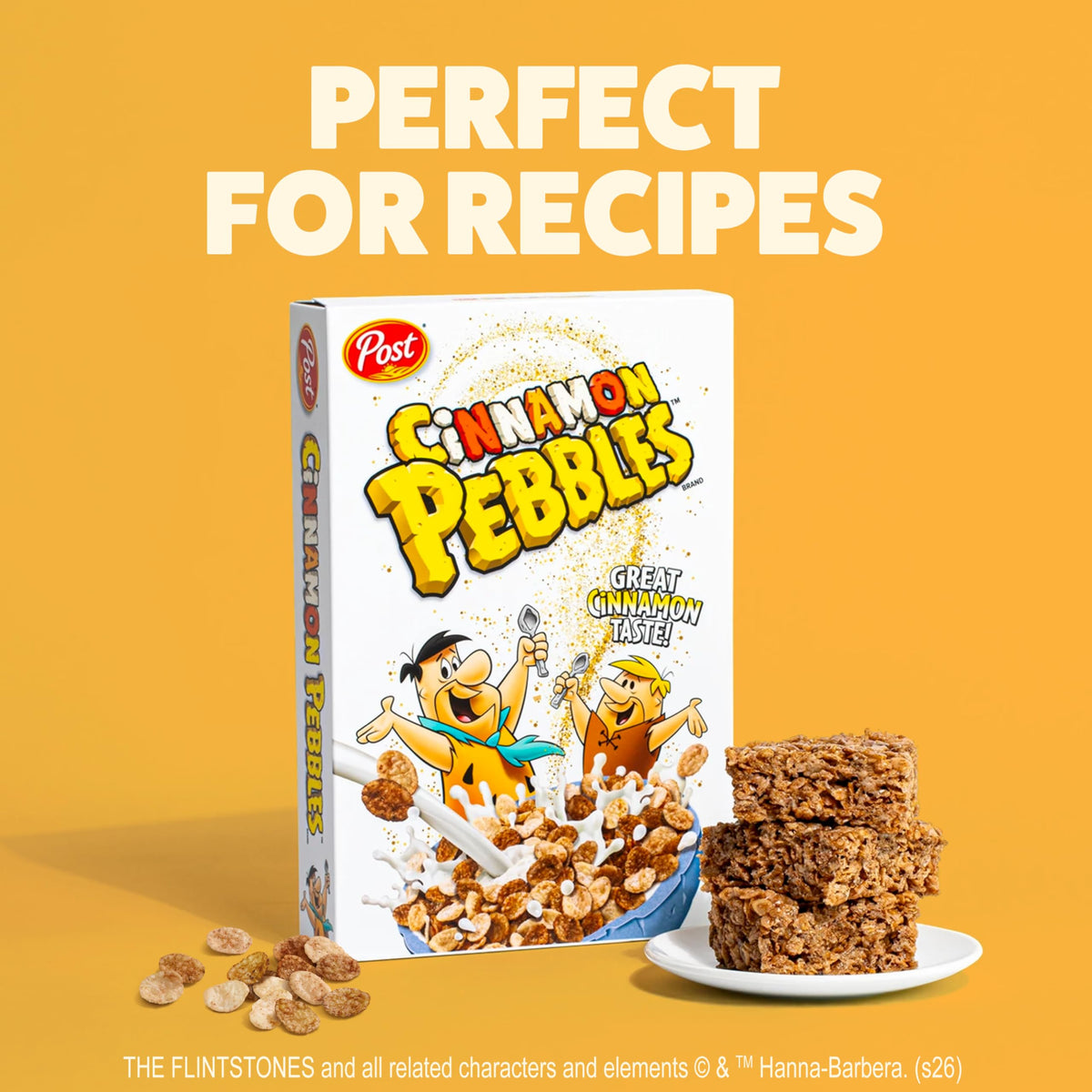 Pebbles Cinnamon cereal cup with milk pouring aroma and warm finish