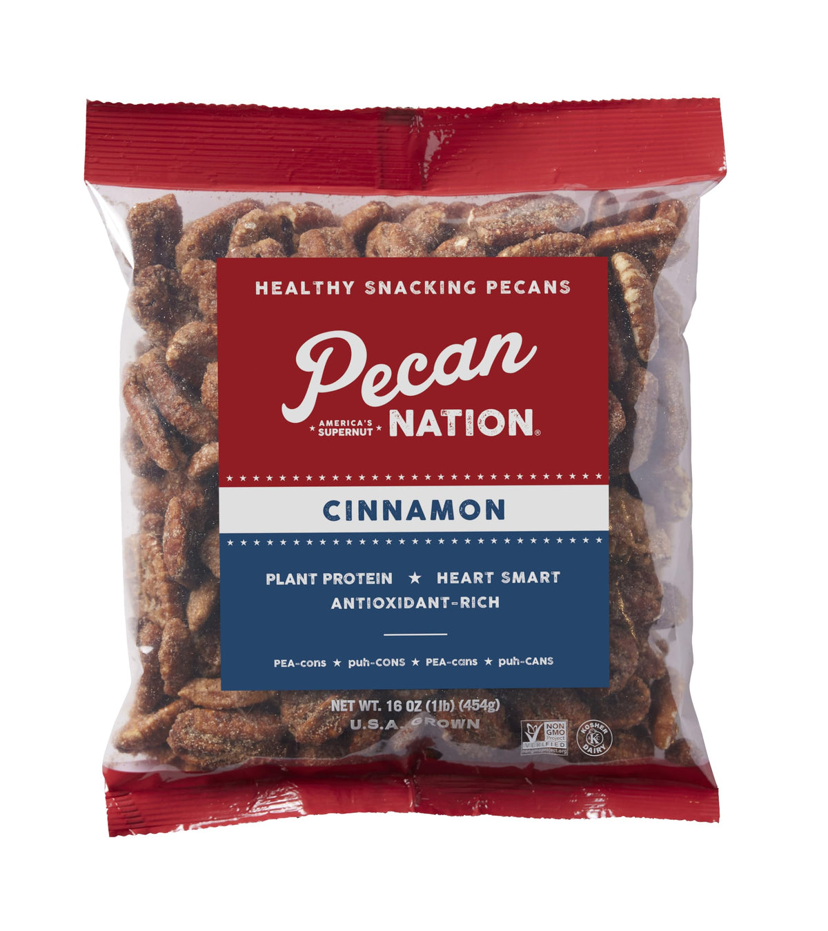 Pecan Nation cinnamon roasted Georgia pecan halves 16oz bag, snack-ready and antioxidant-rich