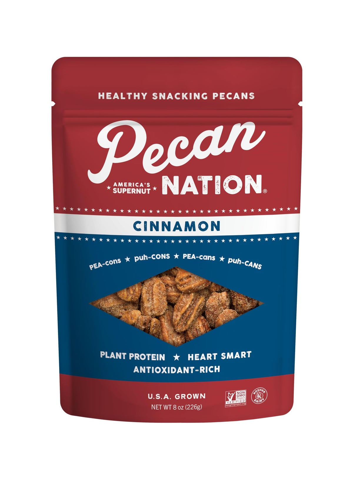 Pecan Nation cinnamon-roasted Georgia pecan halves close-up, glossy and ready to snack.