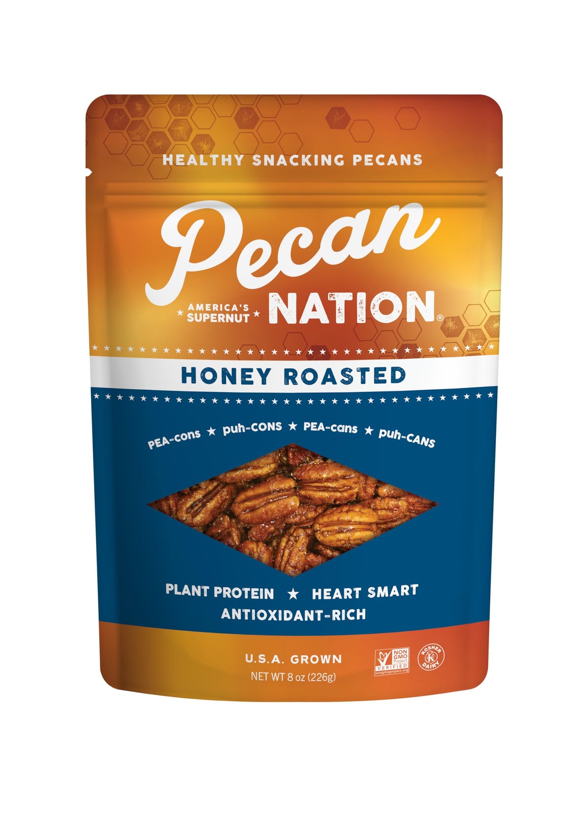 Pecan Nation honey roasted Georgia pecans in an 8 oz front pack, natural and flavorful snack option.