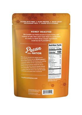 Pecan Nation honey roasted Georgia pecans 8oz pack top view, ready for pantry.