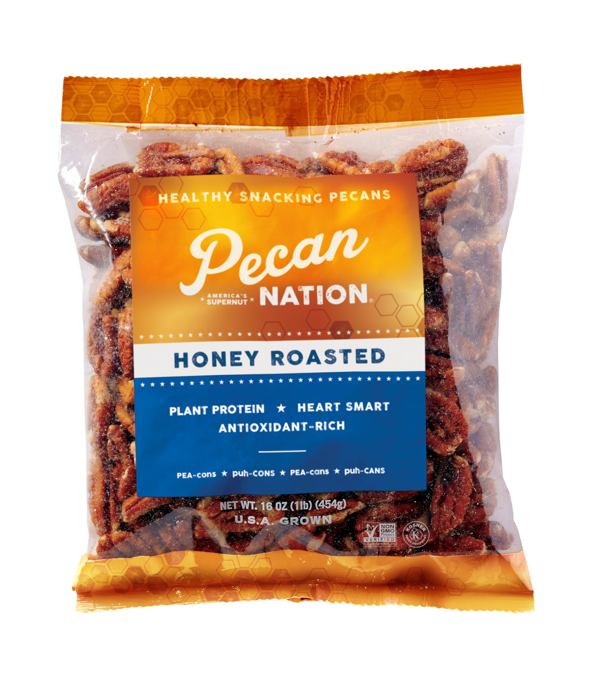 Pecan Nation honey roasted pecans 16oz bag for convenient snacking.