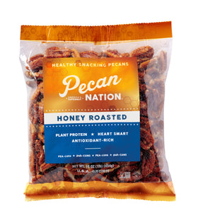 Pecan Nation honey roasted pecans bag ready for convenient snacking.