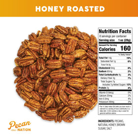 Pecan Nation honey roasted pecans closeup glaze highlighting sweet-savory texture.