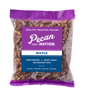 Pecan Nation Maple Pecans bag front ideal for a wholesome snack.