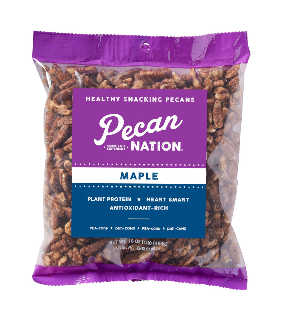 Pecan Nation Maple Pecans bag front ideal for a wholesome snack.
