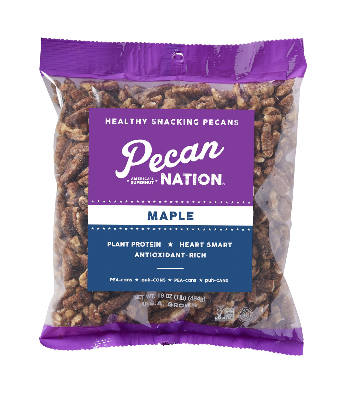 Pecan Nation Maple Roasted Pecans in a 16oz jar, ready to snack