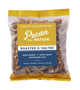 Pecan Nation roasted salted pecans in an 8oz bag, ready for quick snacking.