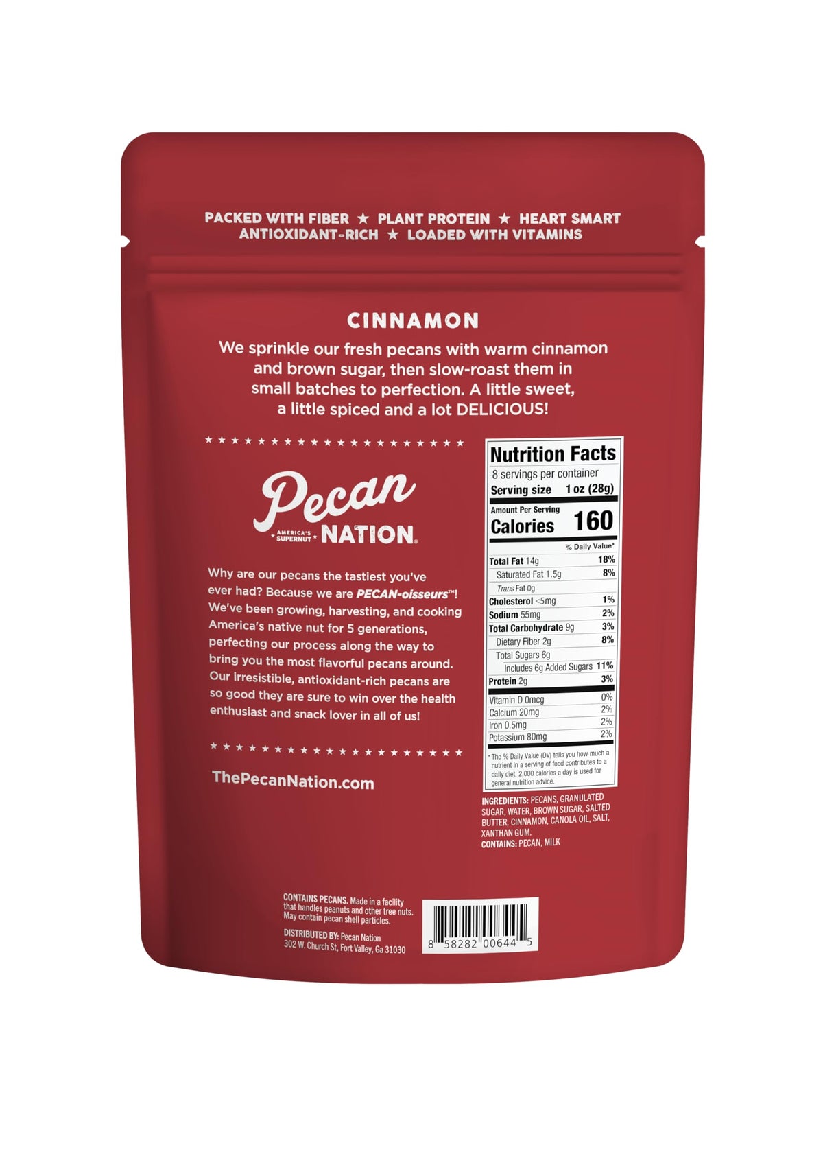 Pecan Nation 8 oz bag of cinnamon pecans, perfect for topping oats.