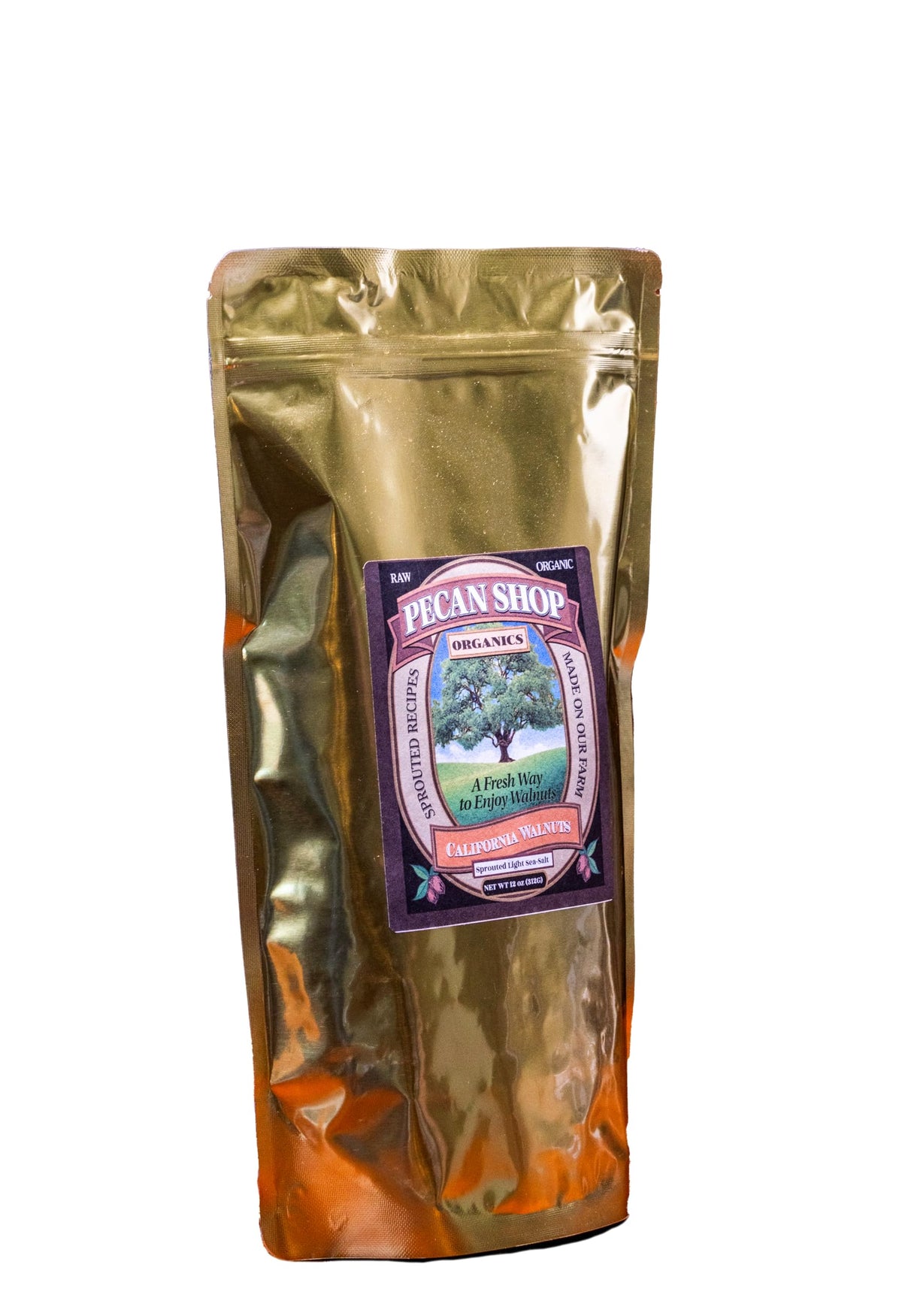 Pecan Shop family orchard origin label highlights organic California walnuts.