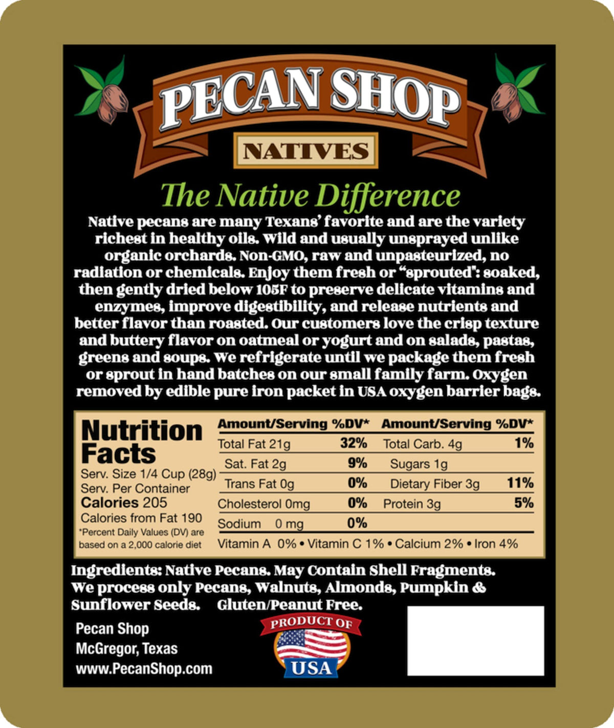 Pecan Shop oxygen-barrier bag packaging designed for freshness.