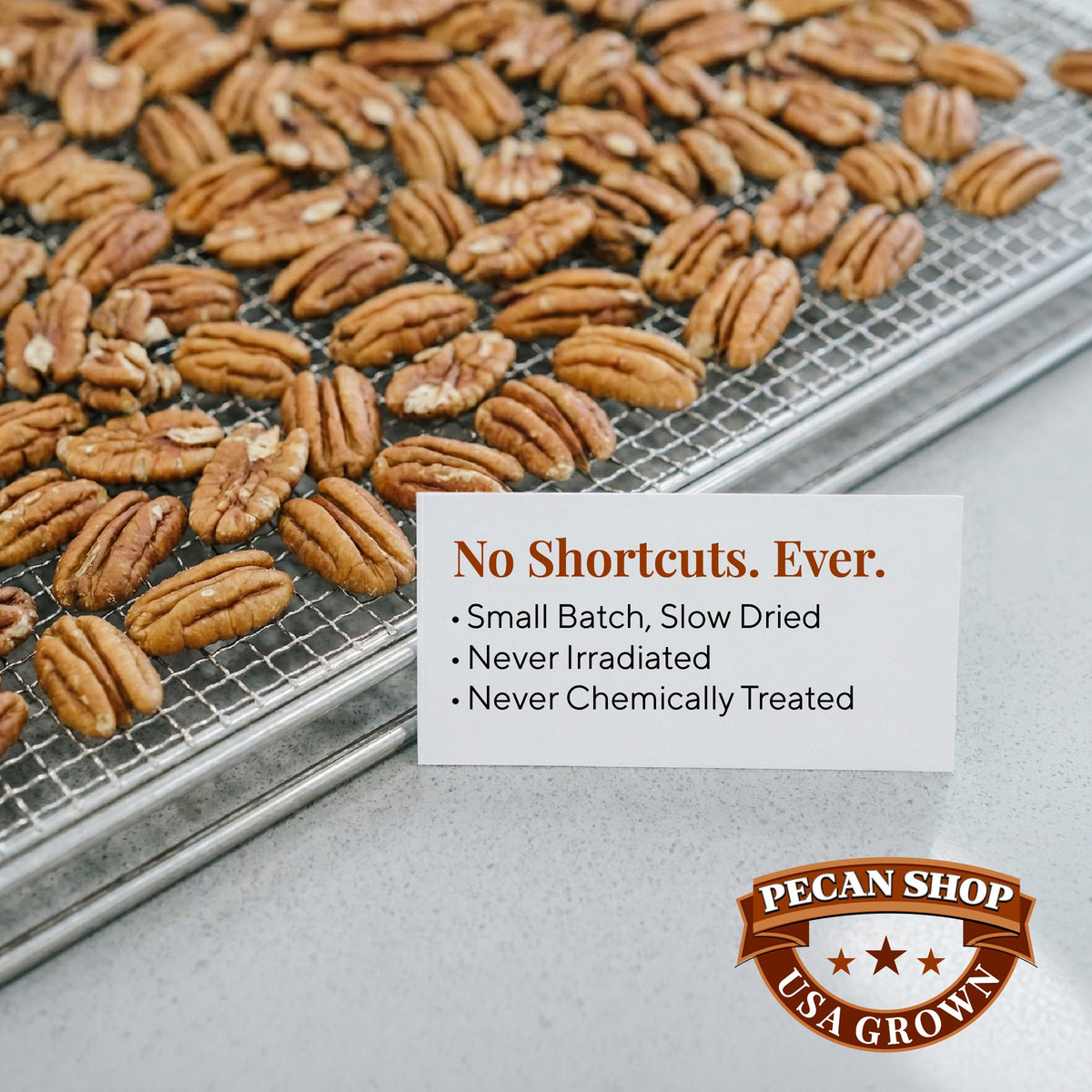 Pecan Shop pesticide-free pecans, clean ingredients for wholesome snacking.