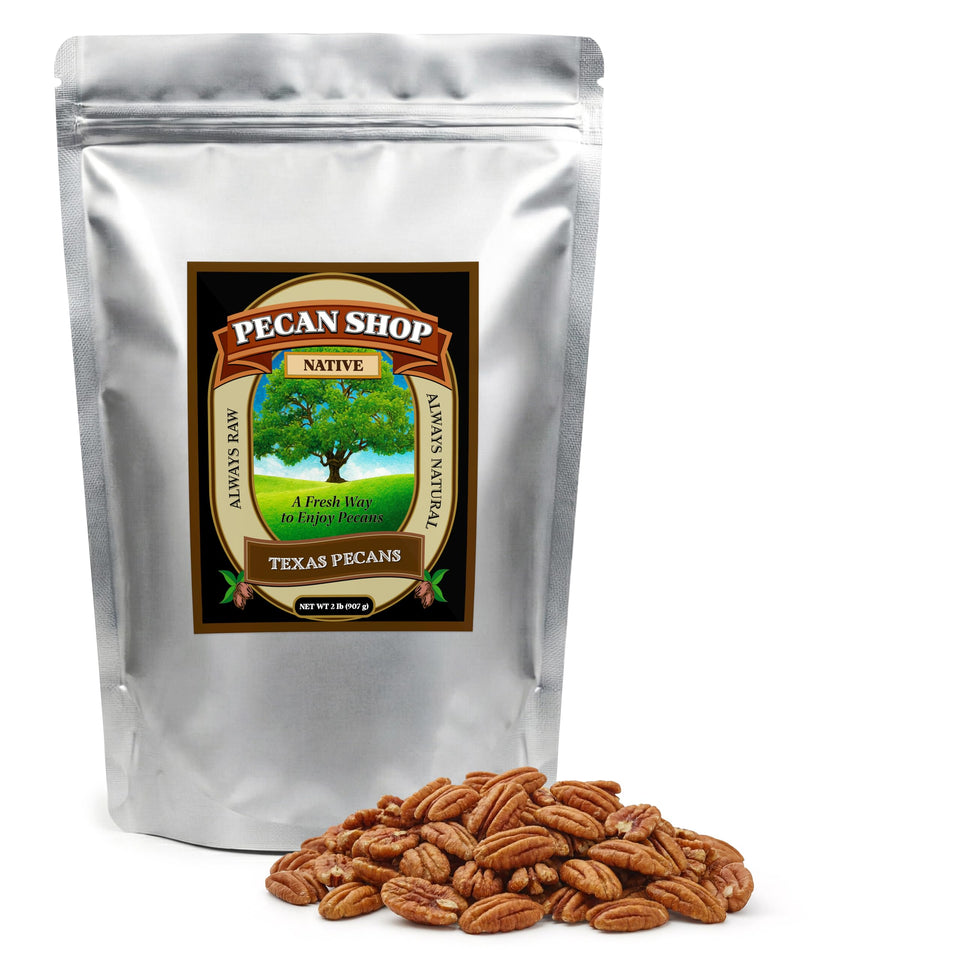 Pecan Shop raw pecans in an oxygen-barrier bag preserve freshness.