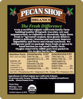 Pecan Shop packaging showing certified organic label on walnuts.