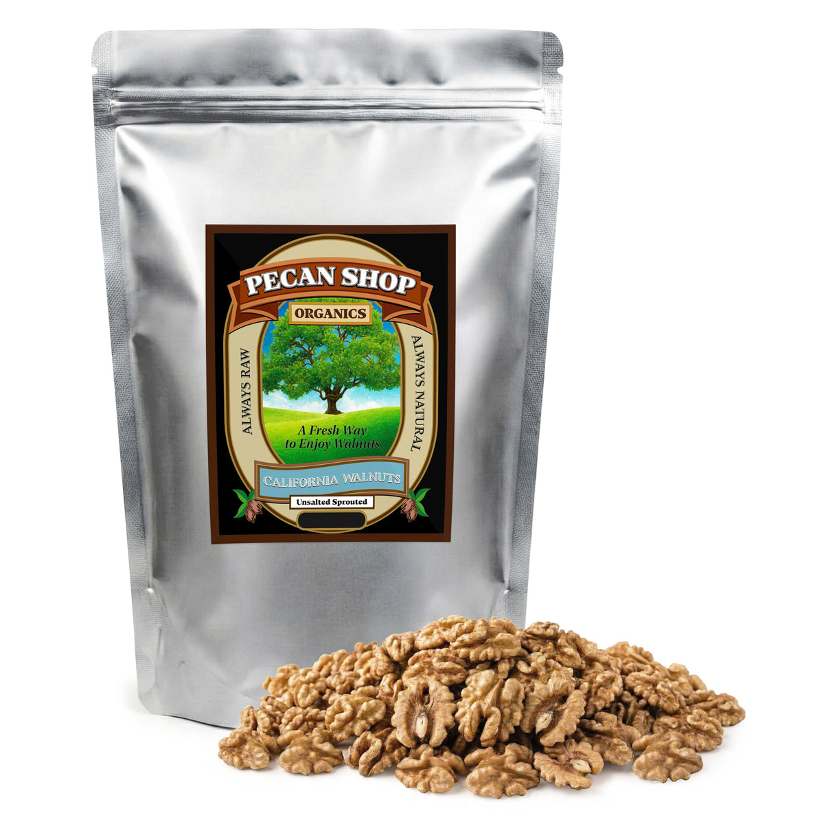 Pecan Shop sprouted organic raw walnuts inside a bag for fresh snacking.