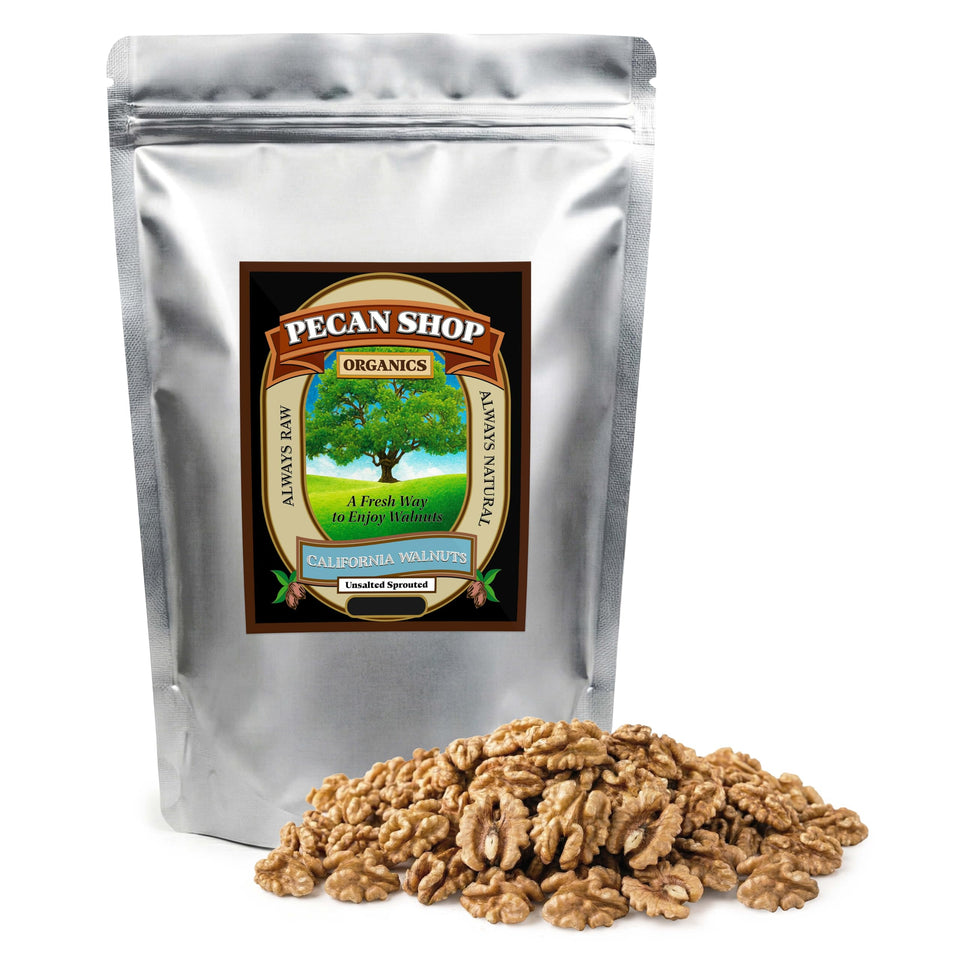 Pecan Shop sprouted organic raw walnuts inside a bag for fresh snacking.