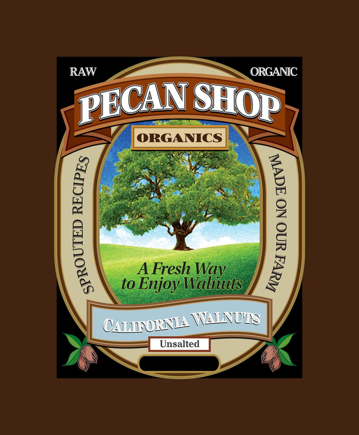 Pecan Shop unsalted sprouted walnuts ready for snacking or baking.