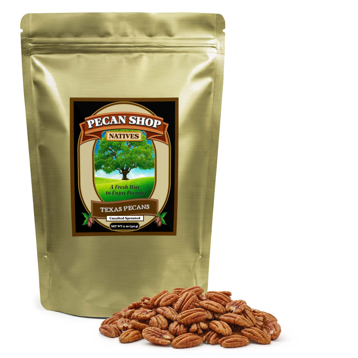 Pecan Shop sprouted raw pecans in a bag for fresh flavor and versatility.