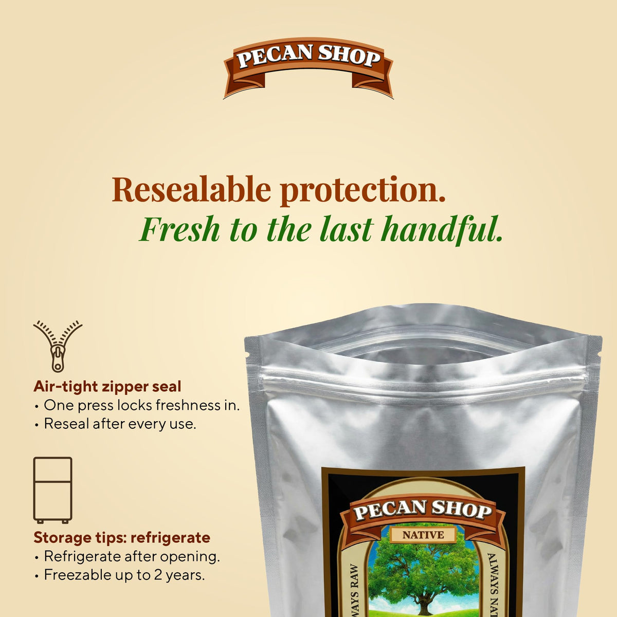 Pecan Shop crispy pecans shot emphasizing natural flavor and premium quality.