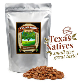 Pecan Shop Texas native pecans displayed on a kitchen shelf.